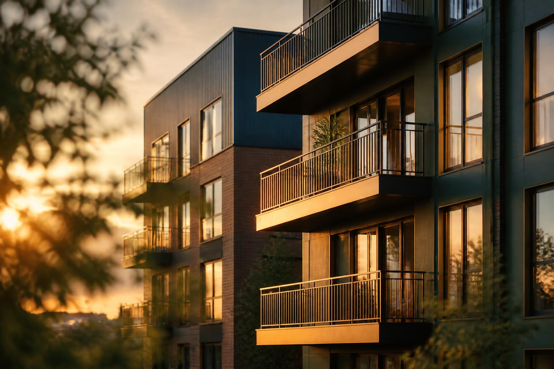 Sunlit Orange County residential neighborhood with condominiums and mature landscaping